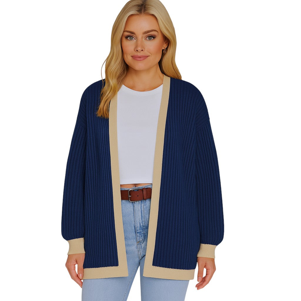 Ladies Italian edge to edge knitted cardigan in navy with gold trim, soft ribbed knit open front cardigan for women, stylish lightweight layering knitwear.